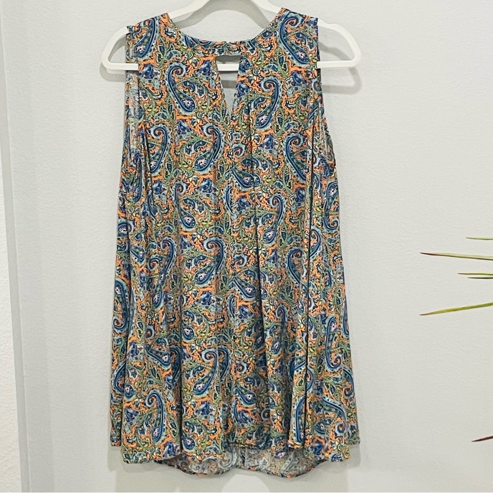 Umgee women’s Size S Boho Orange & Blue Paisley Shift Dress Keyhole Cutout